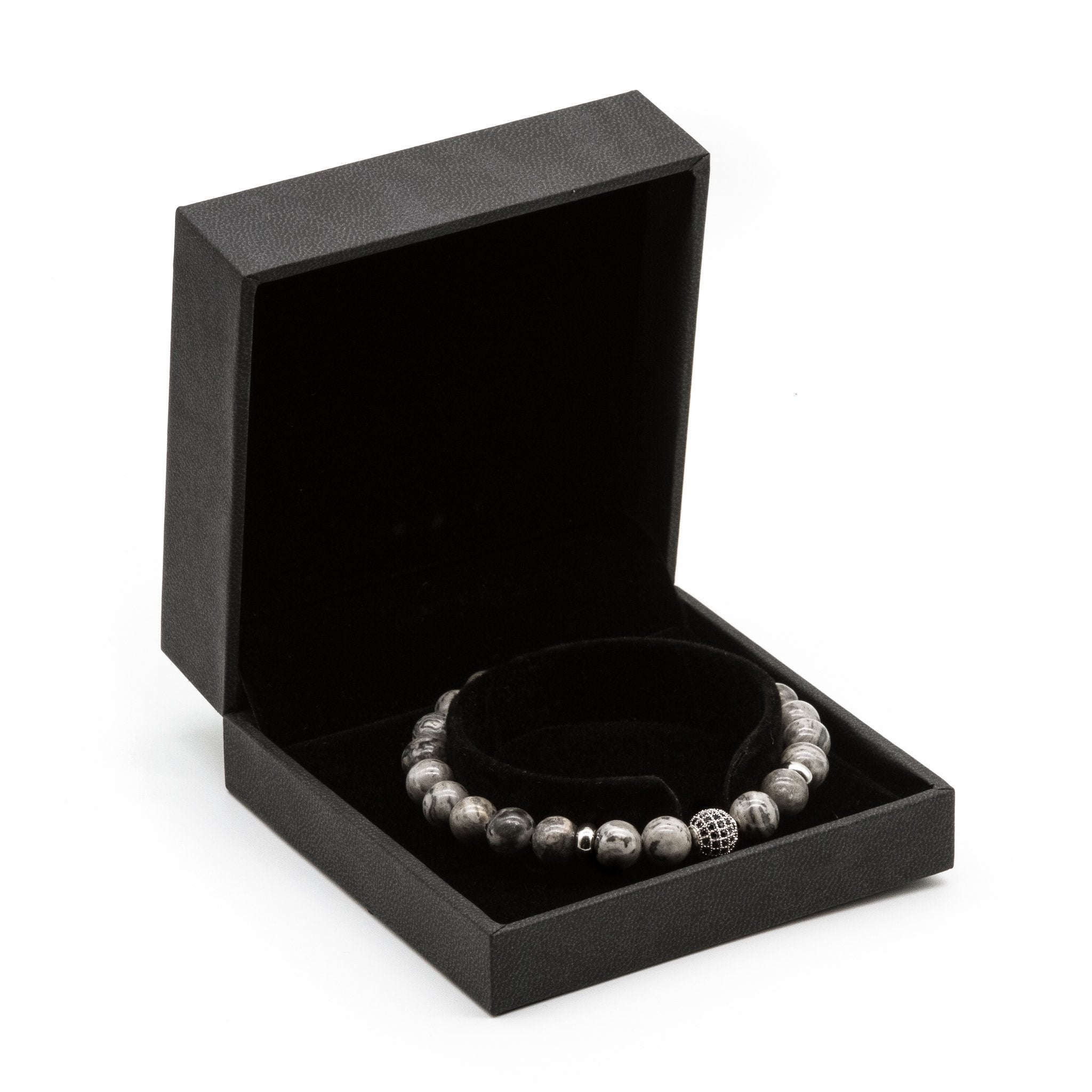 UNCOMMON Men's Beads Bracelet One Gold Jeweled Globe Charm Grey Jasper Beads