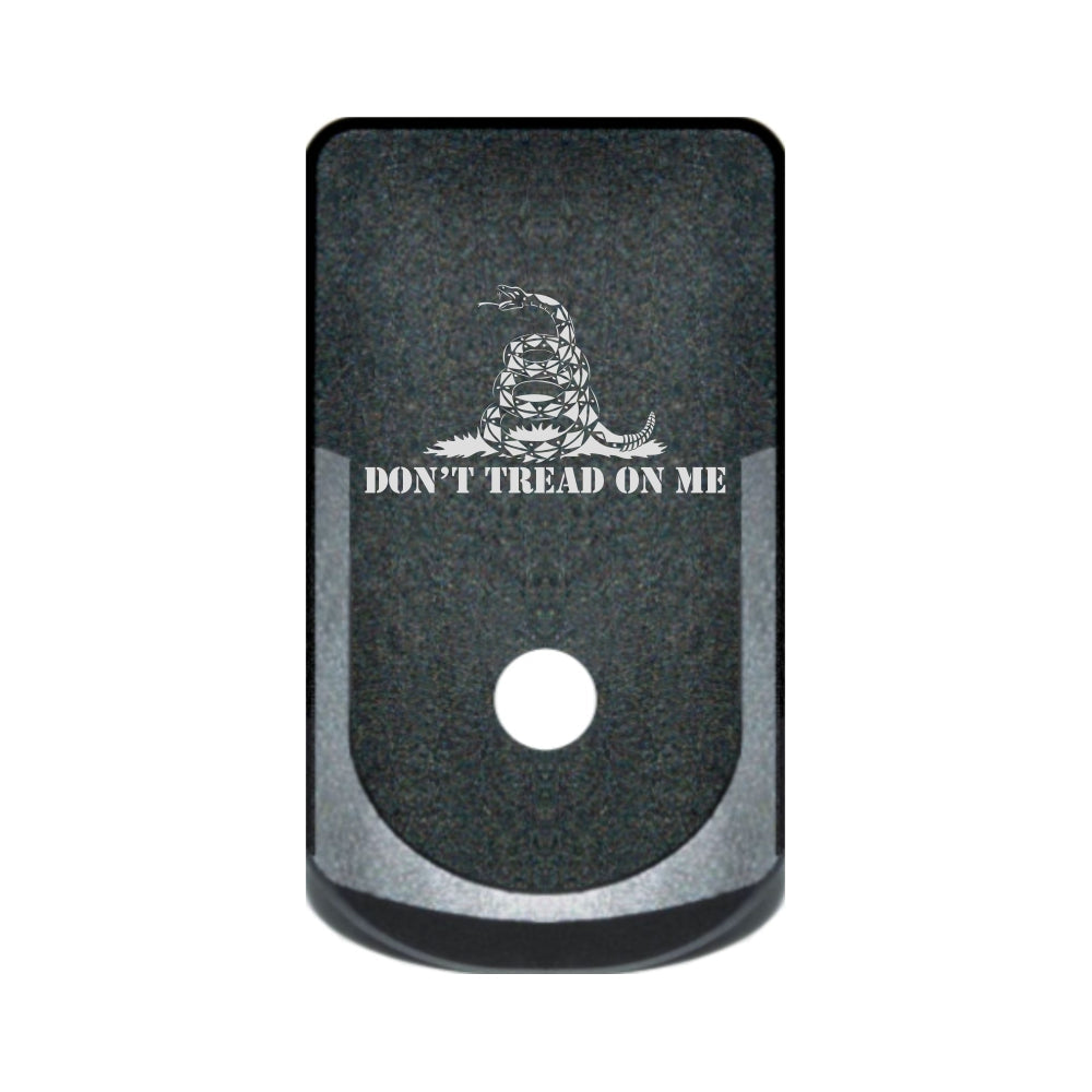 Don't Tread On Me Gadsden Flag laser engraved on a grip extended magazine base plate for Glock 43