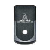 Don't Tread On Me Gadsden Flag laser engraved on a grip extended magazine base plate for Glock 43