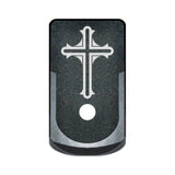Cross laser engraved on a grip extended magazine base plate for Glock 43