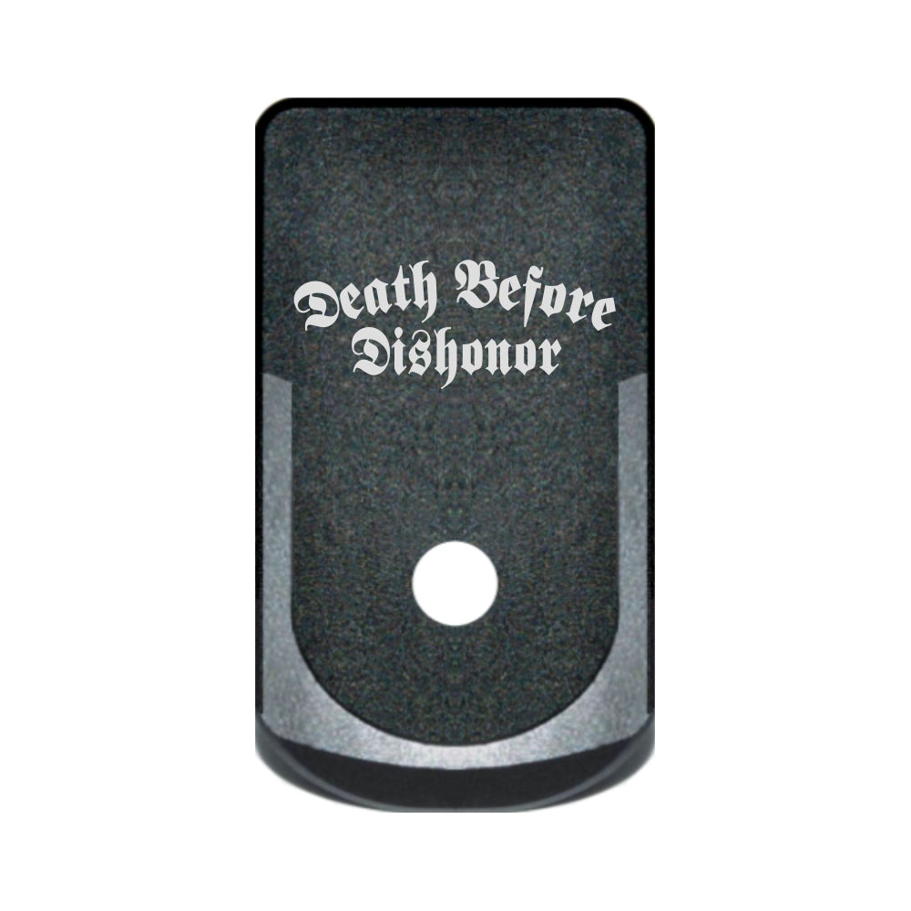Death Before Dishonor laser engraved on a magazine base plate grip extension for Glock 43