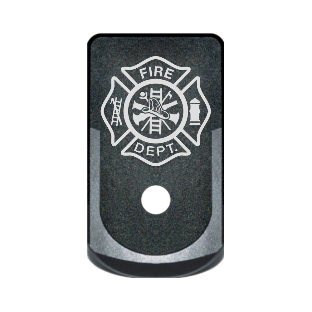 Fire Department crest laser engraved on a grip extended magazine base plate for Glock 43