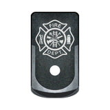 Fire Department crest laser engraved on a grip extended magazine base plate for Glock 43