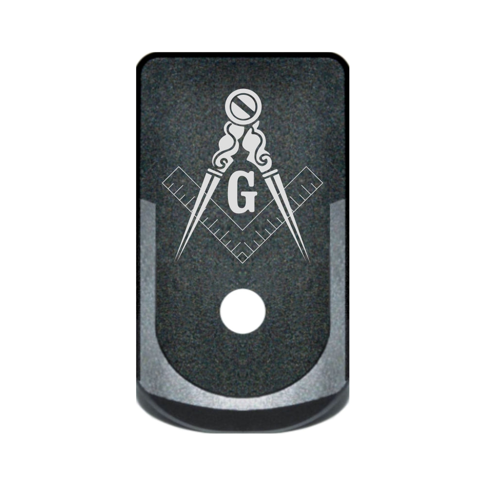Free Mason Square and Compass laser engraved on a grip extended magazine base plate for Glock 43