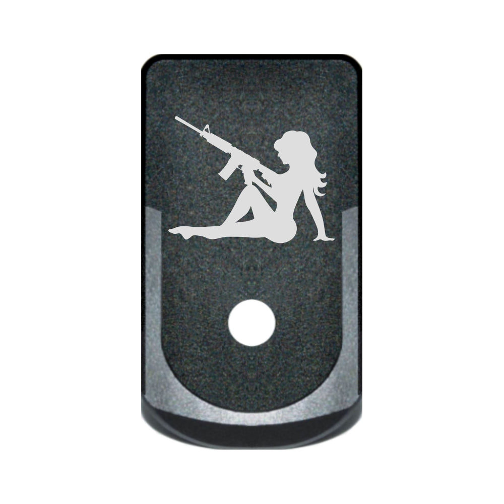 Trucker Girl With Gun laser engraved on a magazine base plate grip extension for Glock 43