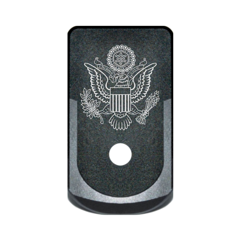Great Seal laser engraved on a magazine base plate grip extension for Glock 43