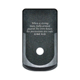 Luke 11:21 laser engraved on a magazine base plate grip extension for Glock 43
