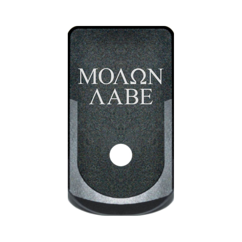 Molon Labe Text laser engraved on a grip extended magazine base plate for Glock 43