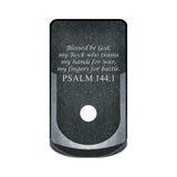 Psalm 144:1 laser engraved on a grip extended magazine base plate for Glock 43