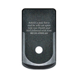 Revelation 6:8 laser engraved on a grip extended magazine base plate for Glock 43