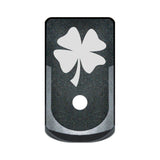 Shamrock laser engraved on a magazine base plate grip extension for Glock 43