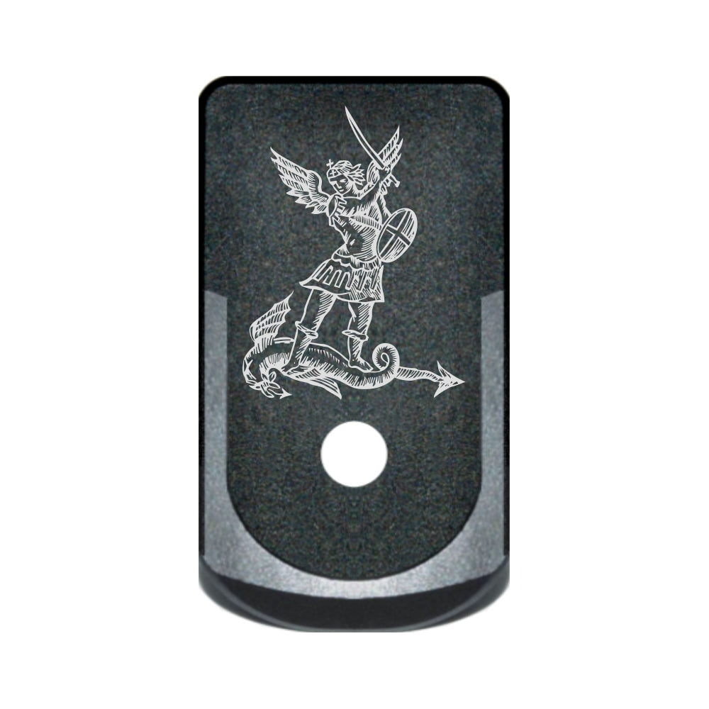 St. Michael laser engraved on a grip extended magazine base plate for Glock 43