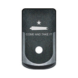 Come And Take It Flag laser engraved on a grip extended magazine base plate for Glock 43