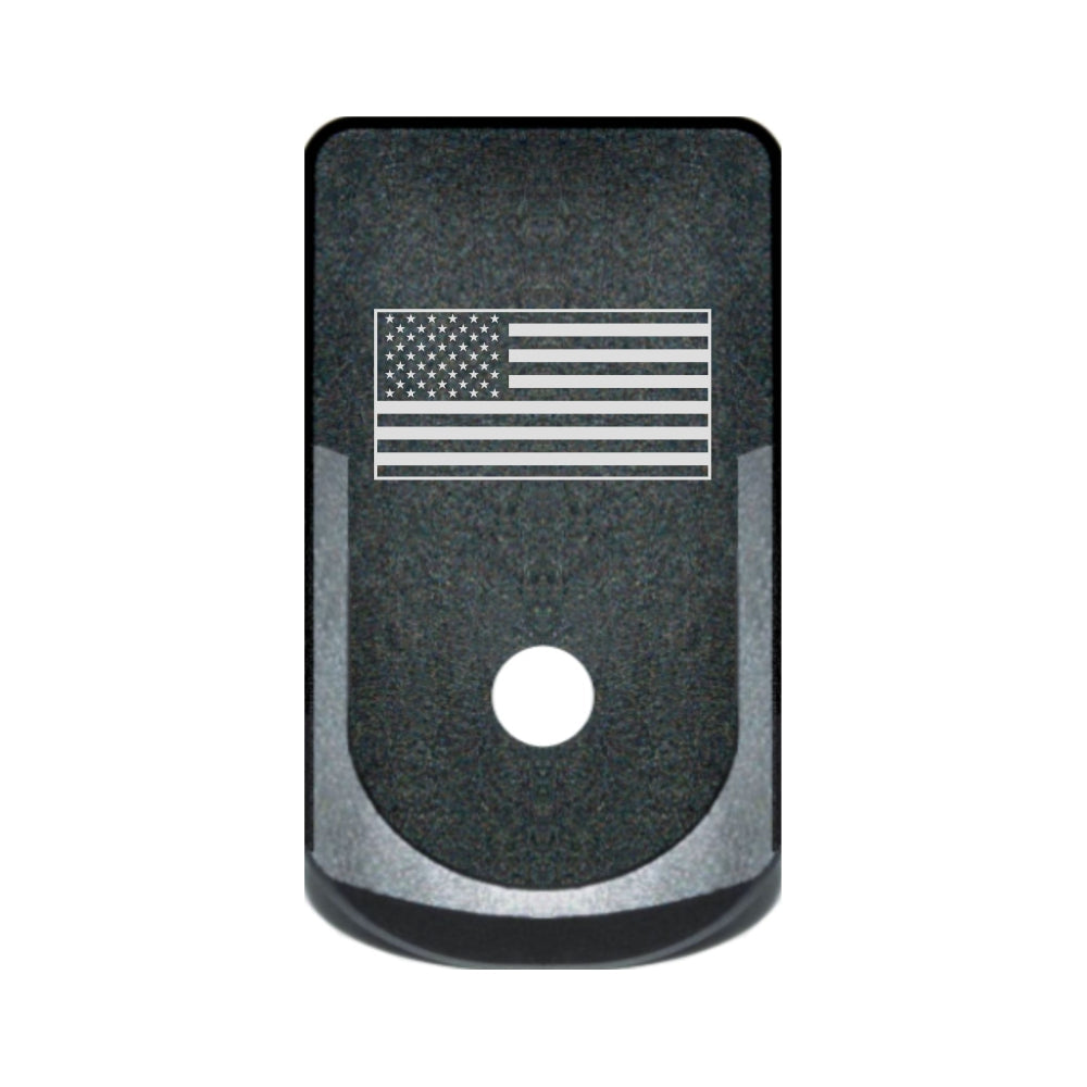 USA Flag laser engraved on a grip extended magazine base plate for Glock 43