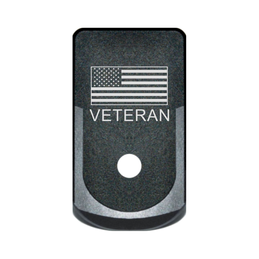 Veteran text and USA flag laser engraved on a grip extended magazine base plate for Glock 43