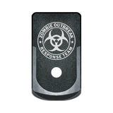 Zombie Response Team laser engraved on a grip extended magazine base plate for Glock 43