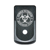 Zombie Response Team laser engraved on a grip extended magazine base plate for Glock 43