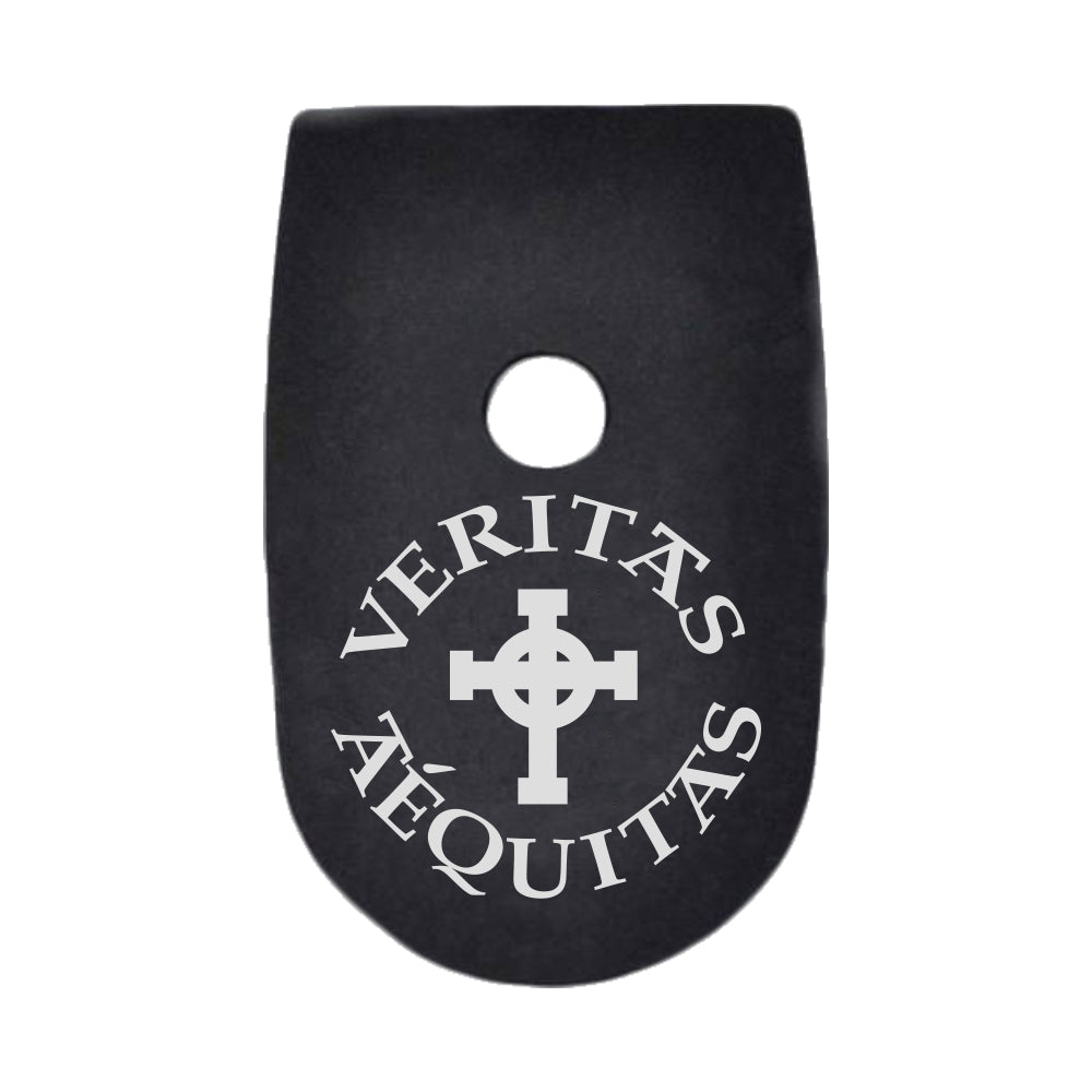 Veritas Aequitas text with cross laser engraved on a magazine base plate for Smith & Wesson M&P 40 caliber full size