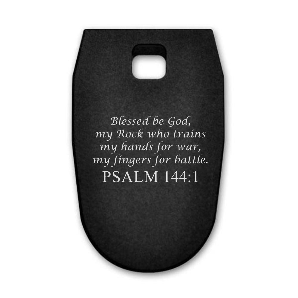 Psalm 144:1 laser engraved on a magazine base plate for Smith & Wesson M&P 9mm full size