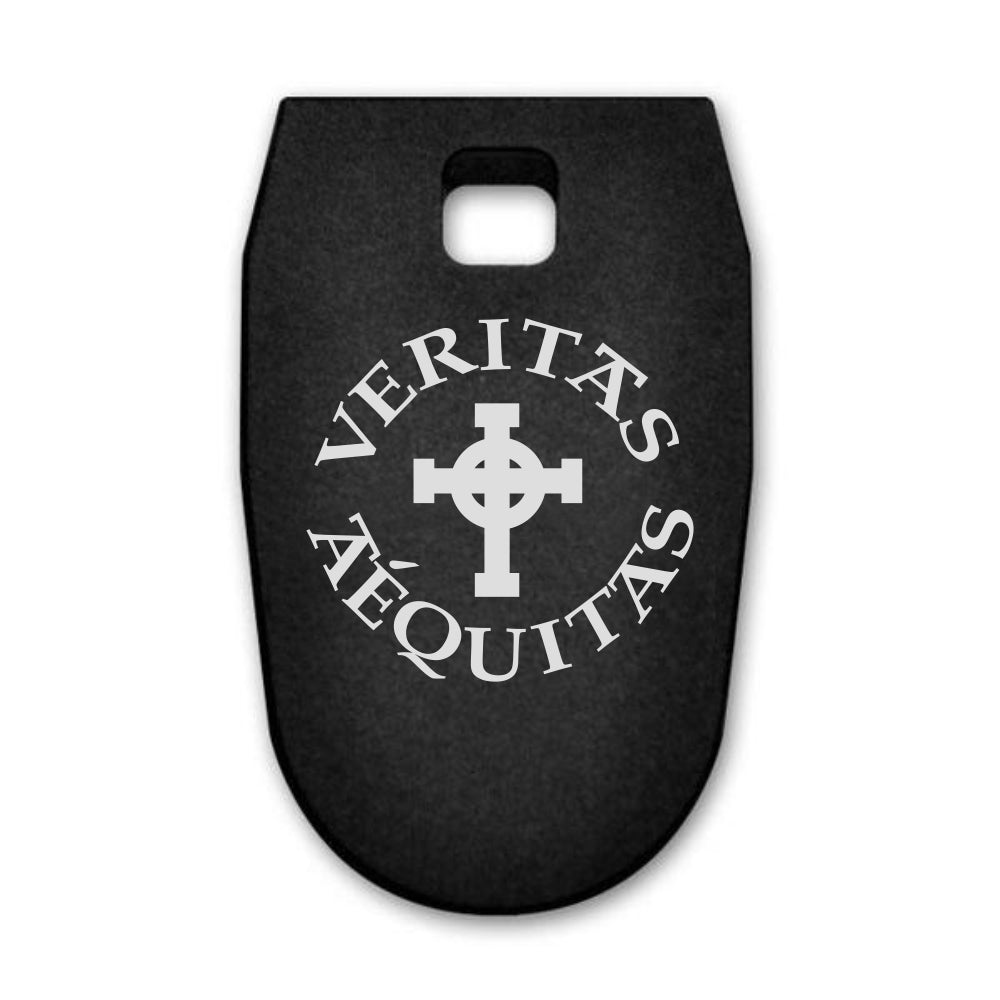 Veritas Aequitas with cross laser engraved on a magazine base plate for Smith & Wesson M&P 9mm full size